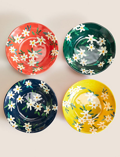 Set Of 4 Expressive Floral Picnic Pasta Bowls