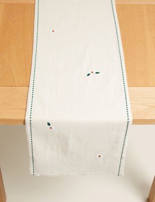 M&S Pure Cotton Daisy Embroidered Table Runner - Natural, Natural