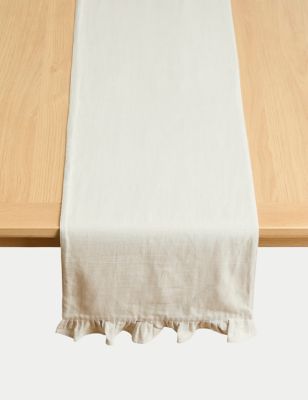 M&S Pure Cotton Ruffle Table Runner - Light Natural, Light Natural