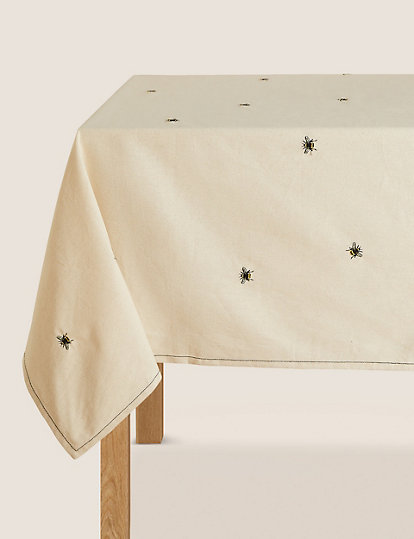M&S Collection Pure Cotton Bee Embroidered Tablecloth - 1Size - Natural, Natural