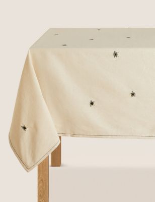M&S Pure Cotton Bee Embroidered Tablecloth - Natural, Natural