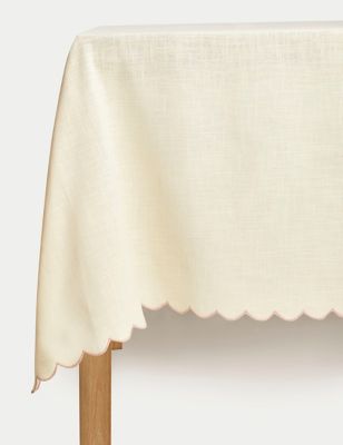 M&S Pure Cotton Embroidered Scallop Edge Table Cloth - Natural, Natural
