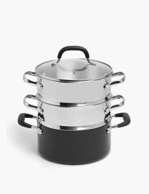 Cuiseur vapeur antiadh&eacute;sif en aluminium noir &agrave; 3&nbsp;compartiments