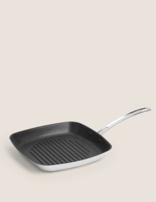 M&S Stainless Steel 27cm Large Non-Stick Griddle Pan - Silver, Silver