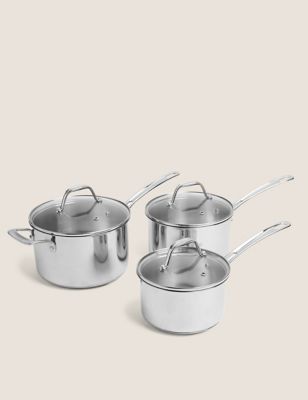 M&S 3 Piece Stainless Steel Pan Set - Silver, Silver