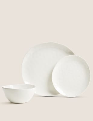 M&S 12 Piece Artisan Dinner Set - White, White