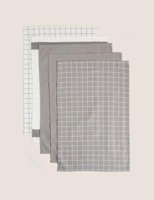 M&S Set of 5 Printed Tea Towels - Mid Grey, Mid Grey