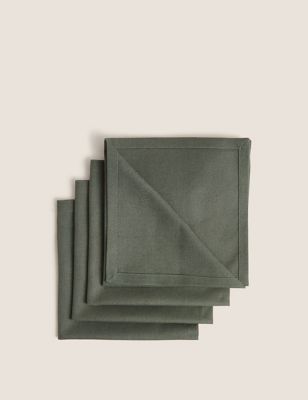 M&S Set of 4 Cotton Rich Napkins with Linen - Khaki, Khaki,Grey