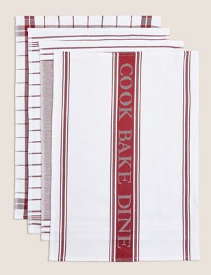 M&S Collection Set of 4 Antibacterial Striped Tea Towels - Red, Red