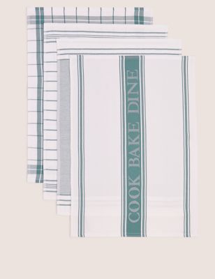 M&S Collection Set of 4 Antibacterial Striped Tea Towels - Blue, Blue