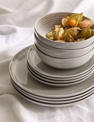 M&S 12 Piece Marlowe Dinner Set - Light Grey, Light Grey,White,Dark Grey