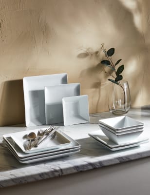 M&S 12 Piece Maxim Square Dinner Set - White, White