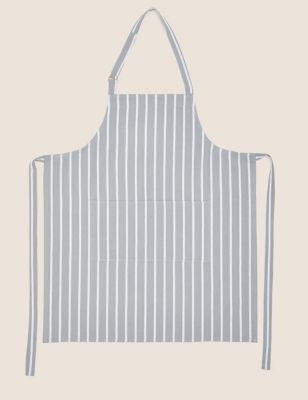 M&S Pure Cotton Striped Apron - Grey, Grey