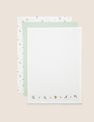 

M&S Collection Conjunto de 3 paños de cocina 100% algodón florales - Mezcla De Tonos Verdes, Mezcla De Tonos Verdes