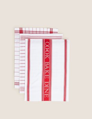 

M&S Collection Set of 3 Cotton Rich Striped Tea Towels - Red, Red