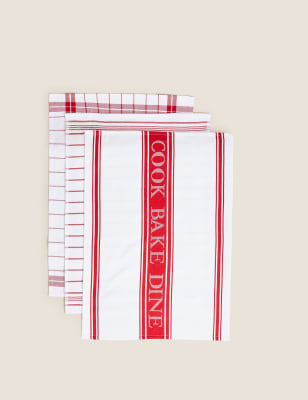 

M&S Collection Set of 3 Cotton Rich Striped Tea Towels - Red, Red