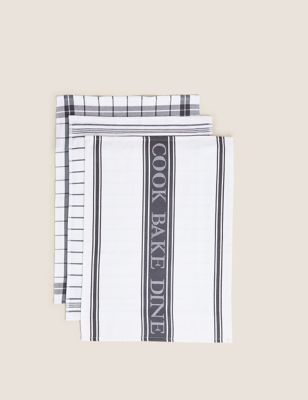 M&S Set of 3 Cotton Rich Striped Tea Towels - Dark Grey, Dark Grey,Neutral,Blue,Dark Green,Terracott