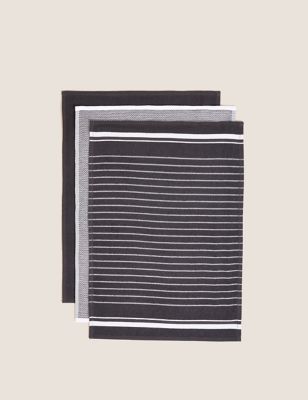 M&S Set of 3 Cotton Rich Tea Towels - Dark Grey, Dark Grey,Blue,Neutral,Terracotta,Dark Green