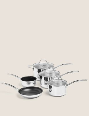 M&S 5 Piece Stainless Steel Pan Set - Silver, Silver