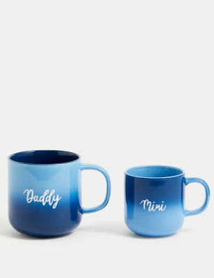 M&S Set of 2 Daddy & Mini Slogan Ombr Mugs - Blue, Blue