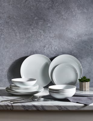 M&S 12 Piece Maxim Coupe Dinner Set - White, White