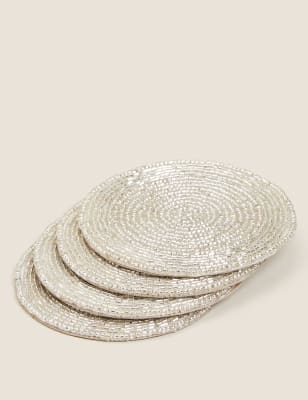 M&S Set of 4 Beaded Coasters - Silver, Silver