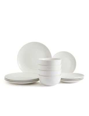 M&S 12 Piece Porcelain Dinner Set - White, White