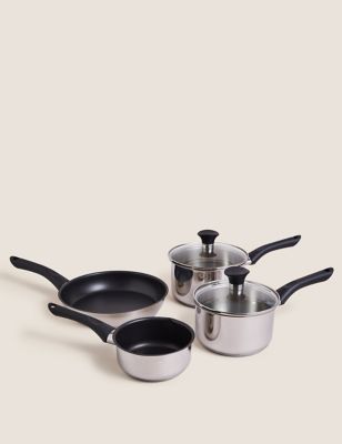 M&S 4 Piece Stainless Steel Pan Set - Silver, Silver