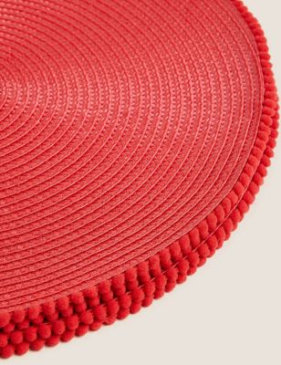 

M&S Collection Set of 4 Round Pom Pom Placemats - Red, Red