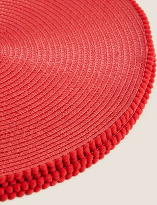 

M&S Collection Set of 4 Round Pom Pom Placemats - Red, Red