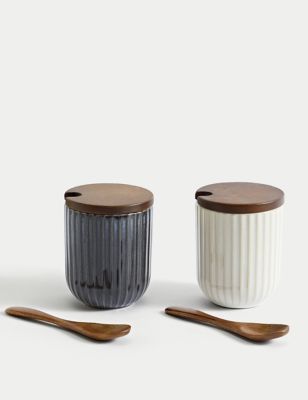 Set of 2 Ribbed Storage Jars with Spoons