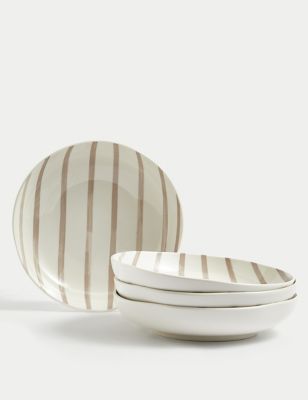 M&S Set of 4 Linear Striped Pasta Bowls - Natural, Natural