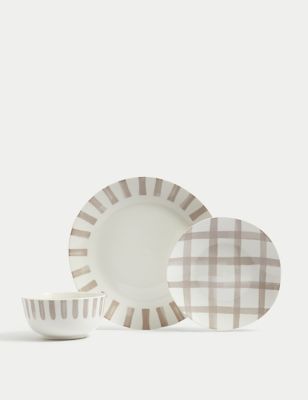 M&S 12 Piece Linear Striped Dinner Set - Natural, Natural