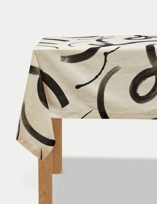 M&S Cotton with Linen Printed Tablecloth - Black Mix, Black Mix