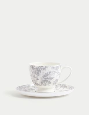 M&S The Collection Floral Cup & Saucer - Grey, Grey