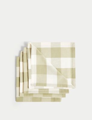 M&S Set of 4 Pure Cotton Gingham Napkins - Green, Green