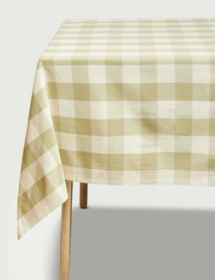 M&S Gingham Pure Cotton Tablecloth - Green, Green,Natural