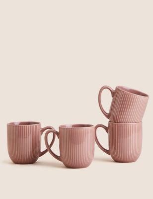 M&S Set of 4 Ribbed Glazed Mugs - Pink, Pink