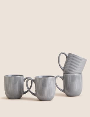 

M&S Collection Set of 4 Ribbed Glazed Mugs - Grey, Grey