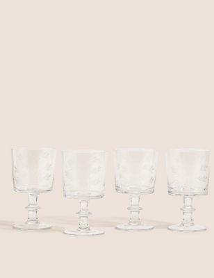 M&S Set of 4 Floral Etched Wine Glasses