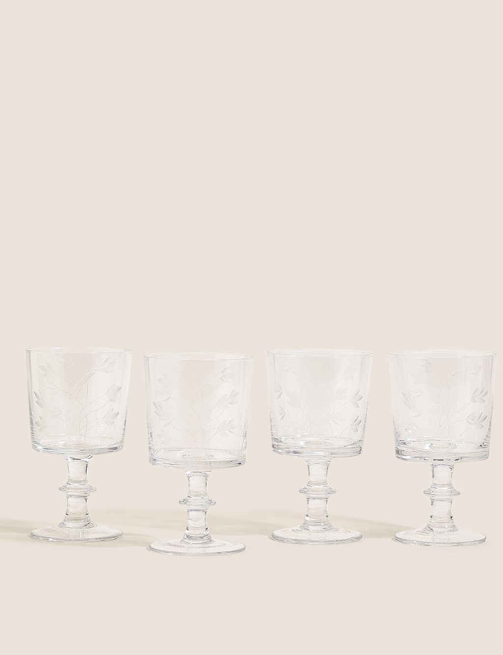 Set of 4 Floral Etched Wine Glasses