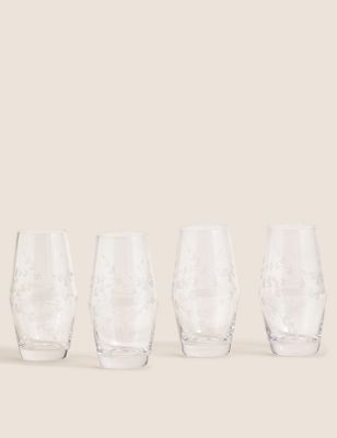 Set of 4 Floral Etched Highball Glasses