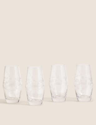 Set of 4 Floral Etched Hi Ball Glasses