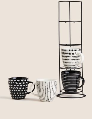 

M&S Collection Set of 4 Monochrome Mugs with Stand - Multi, Multi