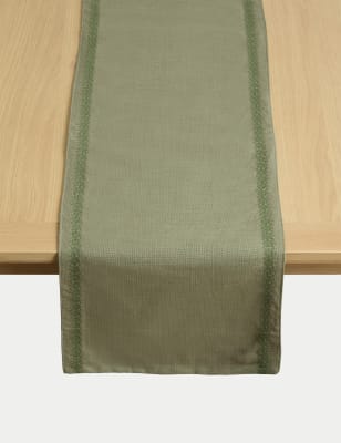 M&S X Fired Earth Pure Cotton Embroidered Table Runner - 1SIZE - Green, Green