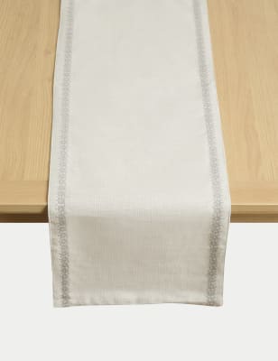 M&S X Fired Earth Pure Cotton Embroidered Table Runner - Natural, Natural,Dark Blue,Ochre,Green