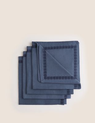 

M&S X Fired Earth Set of 4 Pure Cotton Embroidered Napkins - Dark Blue, Dark Blue
