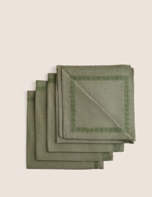 

M&S X Fired Earth Set of 4 Pure Cotton Embroidered Napkins - Green, Green