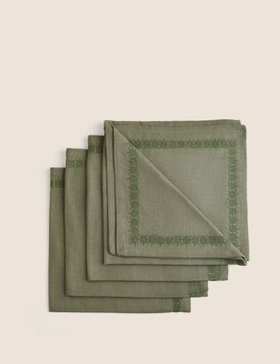 M&S X Fired Earth Set of 4 Pure Cotton Embroidered Napkins - Green, Green,Ochre,Natural,Dark Blue