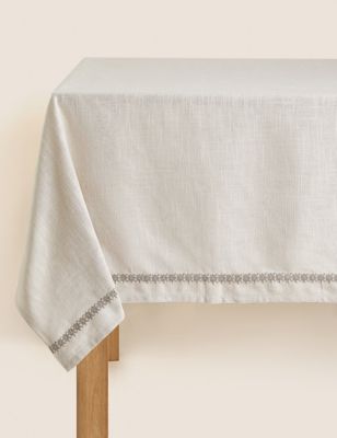 M&S X Fired Earth Pure Cotton Embroidered Tablecloth - Natural, Natural